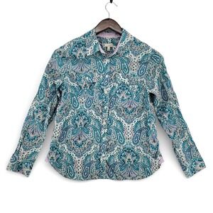 Talbots Womens Petite Small Button Down Shirt Cotton Paisley Teal Pink